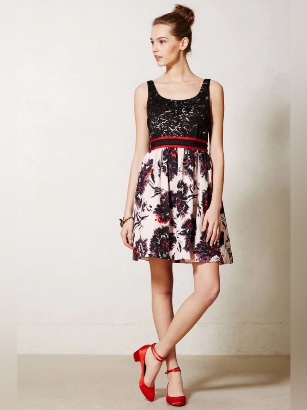 Peter Som Floral Lace-Top Fit & Flare Dress in Black and Blush